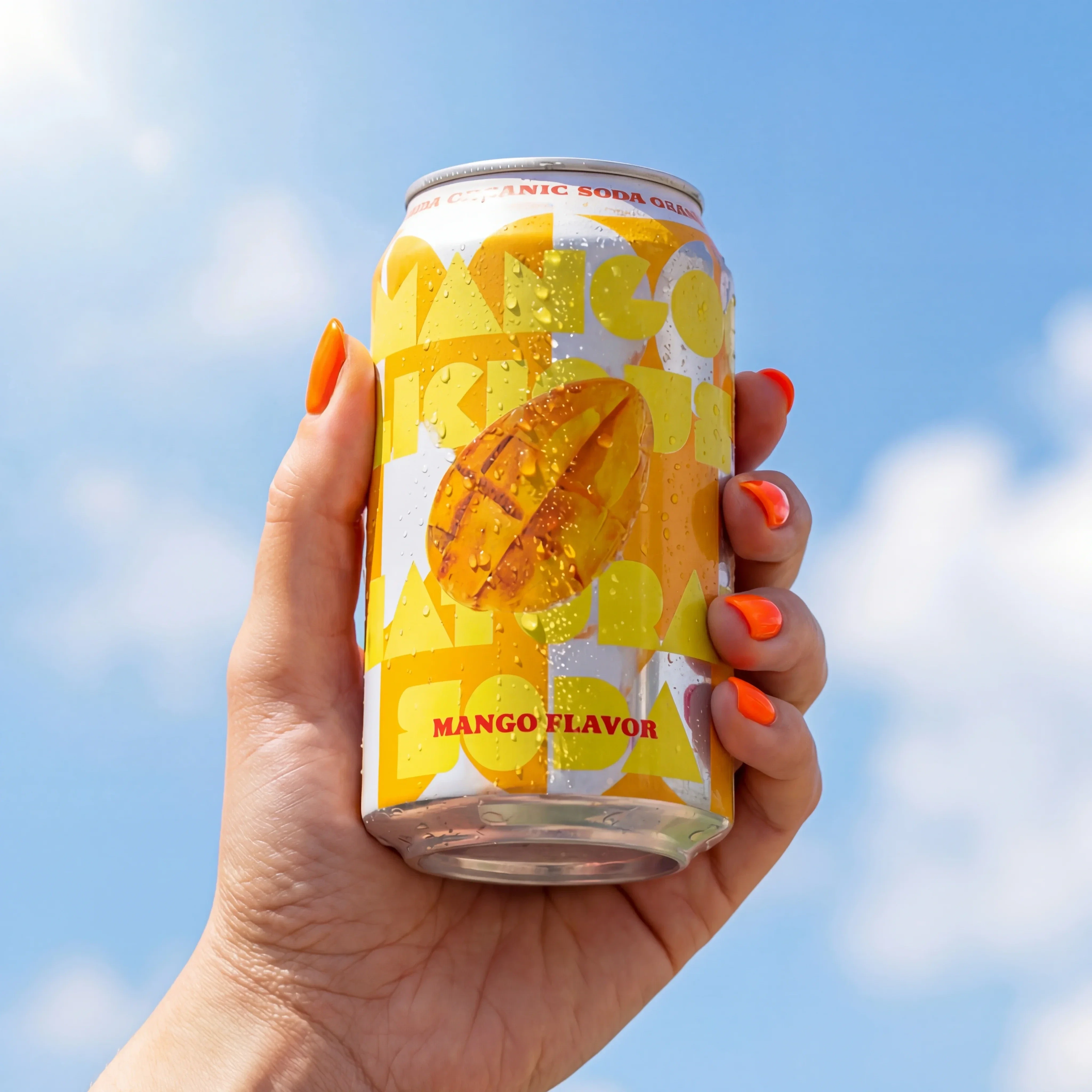 Mango Soda Outdoors scene example for AI Product Photography vs Traditional Photoshoots