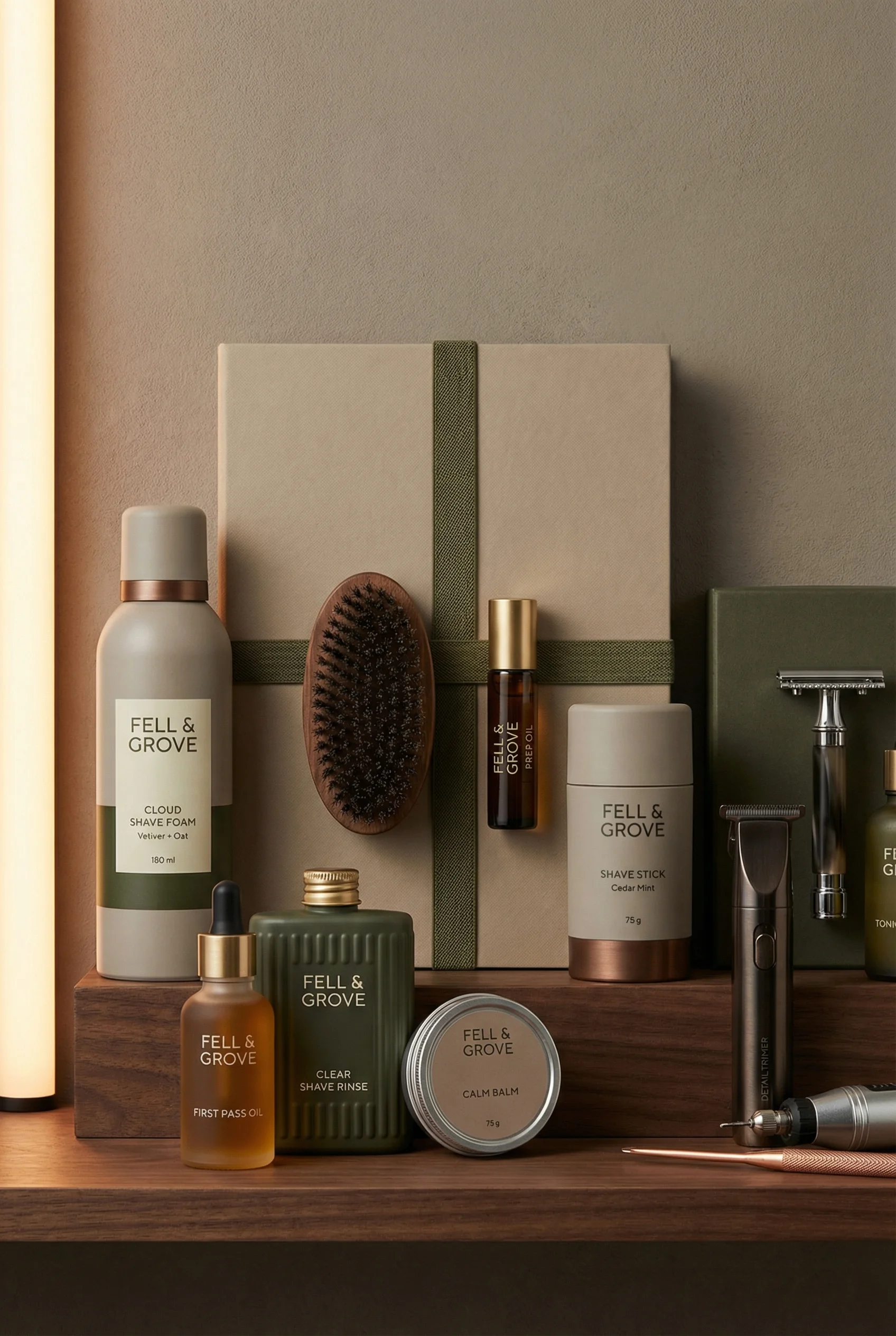Premium Grooming Collection scene example for AI Product Photography vs Traditional Photoshoots